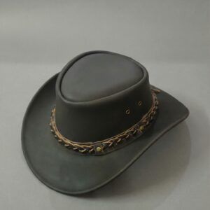A premium charcoal-outback hat with a braided leather band and brass ventilation eyelets.