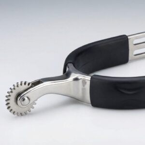 A professional cog rowel spur with a gear-shaped stainless steel wheel and a protective rubberized heel band.