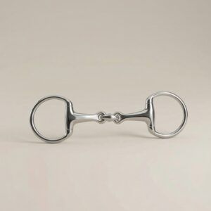 A professional eggbutt stainless steel bit featuring a double jointed mouthpiece and fixed ring connectors for elite stability.