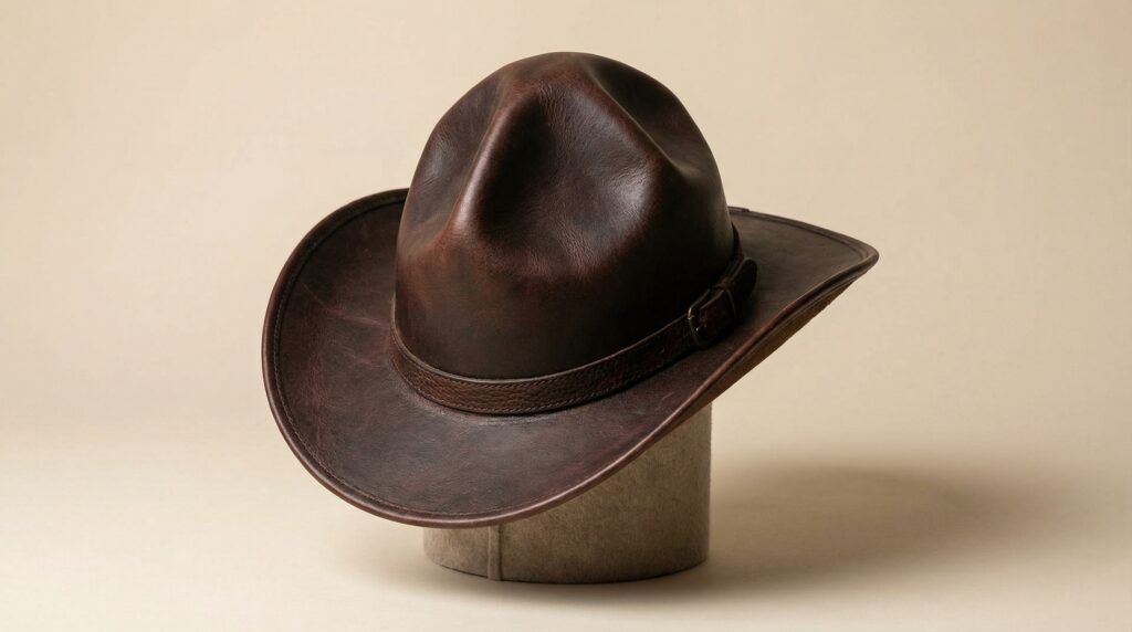 A premium dark brown cowboy leather Heritage Mountie Hat with a four-pinch crown and buckled band.