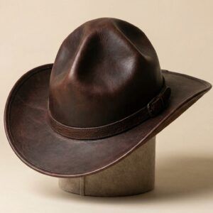 A premium dark brown cowboy leather Heritage Mountie Hat with a four-pinch crown and buckled band.