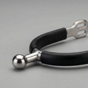 A professional horse ball spur featuring a fixed, non-rotating stainless steel ball and a protective black rubberized heel band.