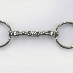 A professional loose ring bit-waterford made of polished stainless steel featuring a multi-jointed flexible mouthpiece.