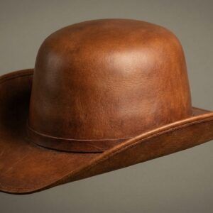 A traditional open-crown leather cowboy hat featuring a smooth, uncreased crown and realistic leather texture.