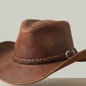A medium brown leather pinch front cowboy hat featuring a sharp crown design and a braided band.