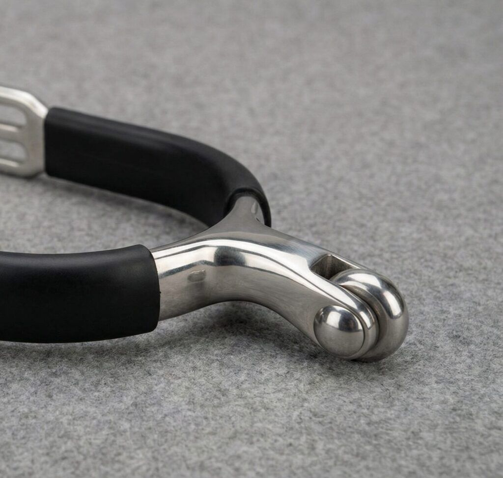 A professional roller ball spur featuring a smooth rotating ball mechanism and a protective black rubberized heel band.