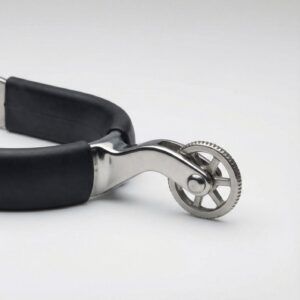 A professional stainless rowel spur featuring a rotating wheel and a black rubberized heel band.