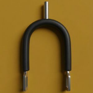 A professional stainless-steel horse spur featuring a protective black rubberized coating and high-grade stainless steel hardware.