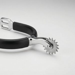 A professional star rowel spur with a 17-point stainless steel sunburst wheel and black rubberized protection.