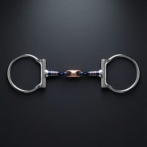 A professional sweet iron bit featuring blue sweet iron bars, a brass lozenge, and fixed-attachment stainless steel rings.