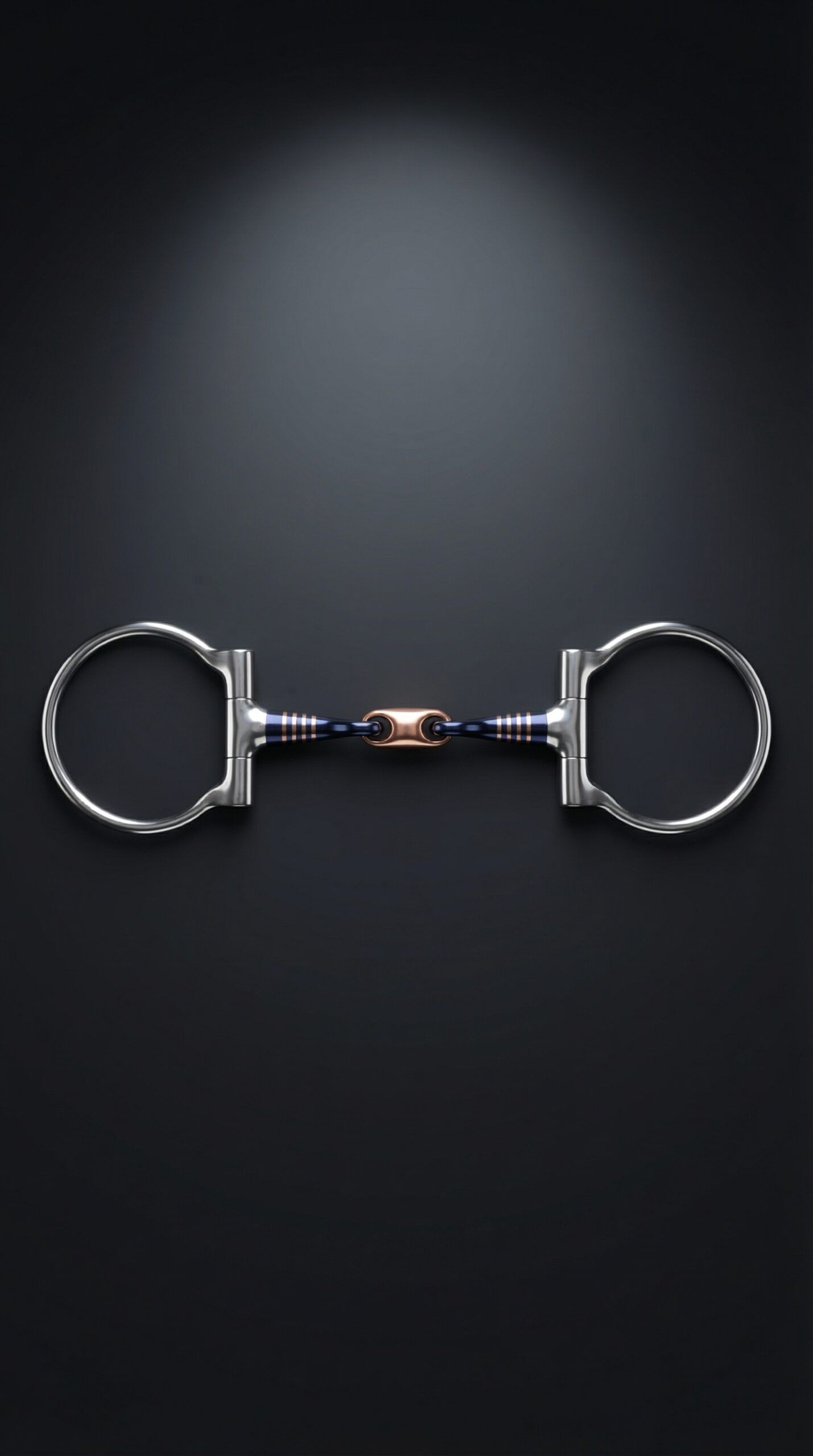 A professional sweet iron bit featuring blue sweet iron bars, a brass lozenge, and fixed-attachment stainless steel rings.