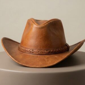 Tan leather western hat with a sharp pinch-front crown and a floral-stamped band, ideal for horse riding and hiking.
