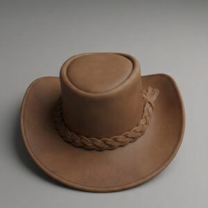 A structured tan-outback hat with a thick braided band and flat-topped crown.
