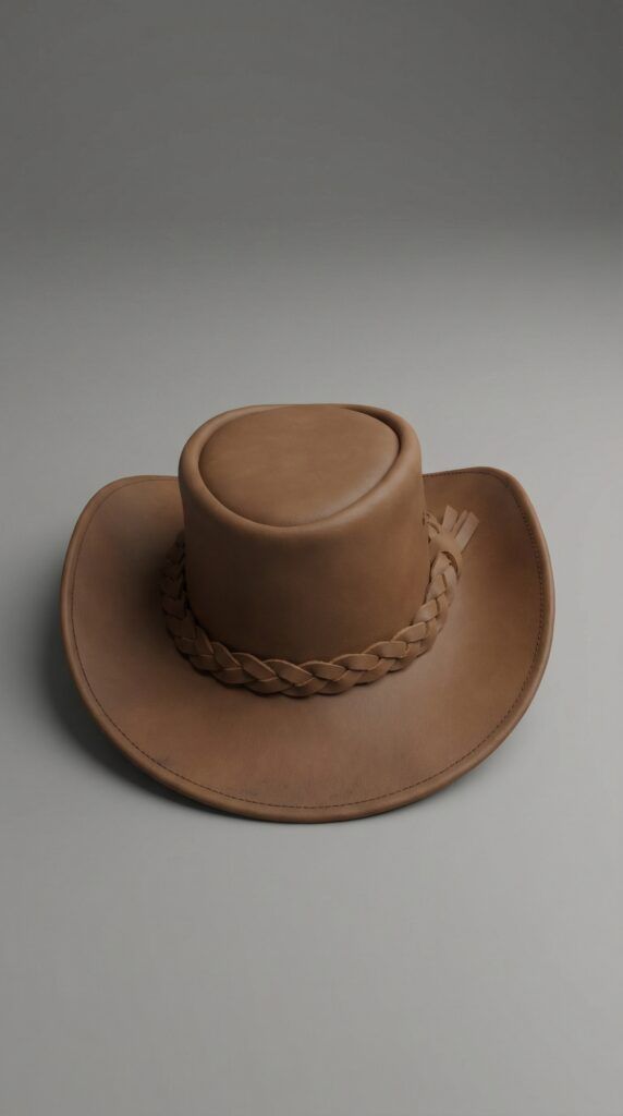 A structured tan-outback hat with a thick braided band and flat-topped crown.