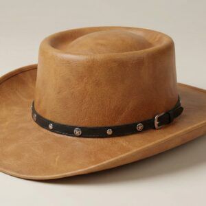 A premium telescope-crease-leather-cowboy-hat featuring a flat-topped round crown and a central telescope crease.