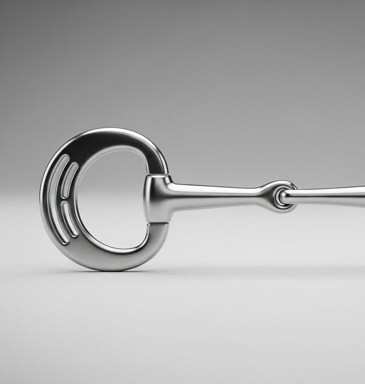 A professional Triple Slot Eggbutt bit with a single-jointed stainless steel mouthpiece and unique slotted rings.